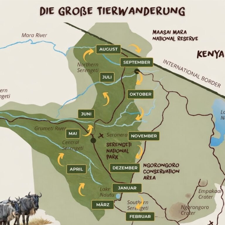 Die große Tierwanderung“ mit dem Verlauf der Gnuwanderung durch Tansania und Kenia, inklusive Monatsangaben (Januar–Dezember) durch Serengeti-Nationalpark, Ngorongoro-Schutzgebiet und Masai Mara Nationalreservat, mit Pfeilen zur Wanderroute, Flüssen und zwei dargestellten Gnus.